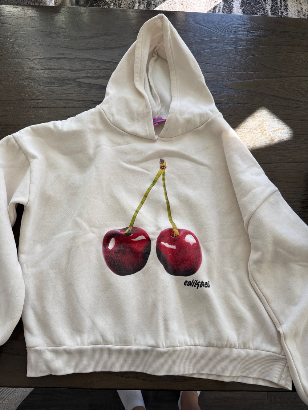 Edikted Cream Hoodie with Cherry Graphic